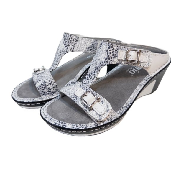 Alegria Womens Size 35 (US 5.5) Sandal Lara Posh Wedge Silver White Snake Print - Picture 6 of 8
